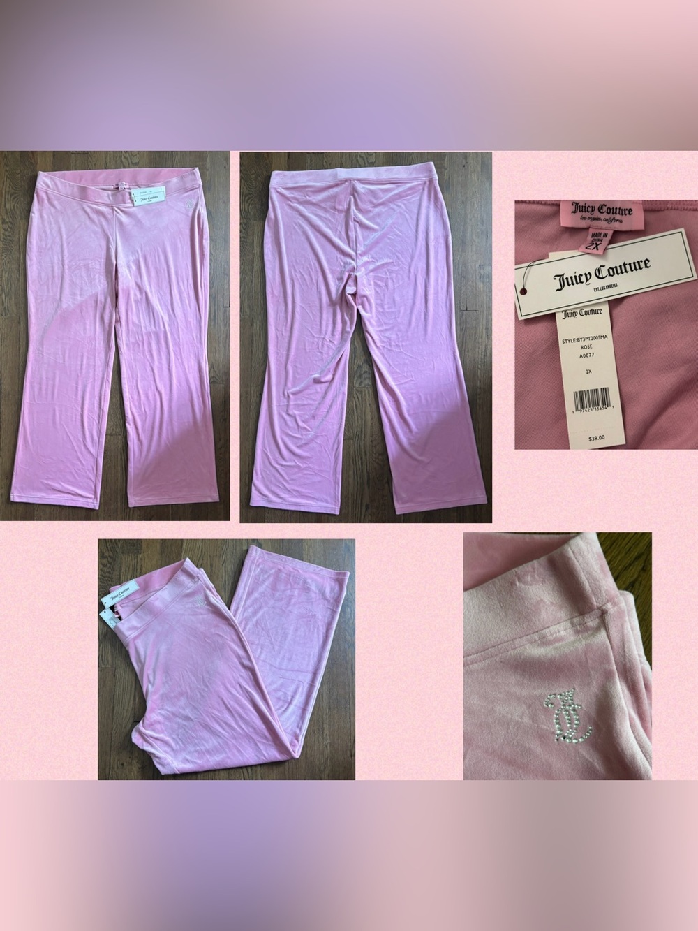 NWT Juicy Couture Rose Velour Wide Leg Lounge Pants Rhinestone JC